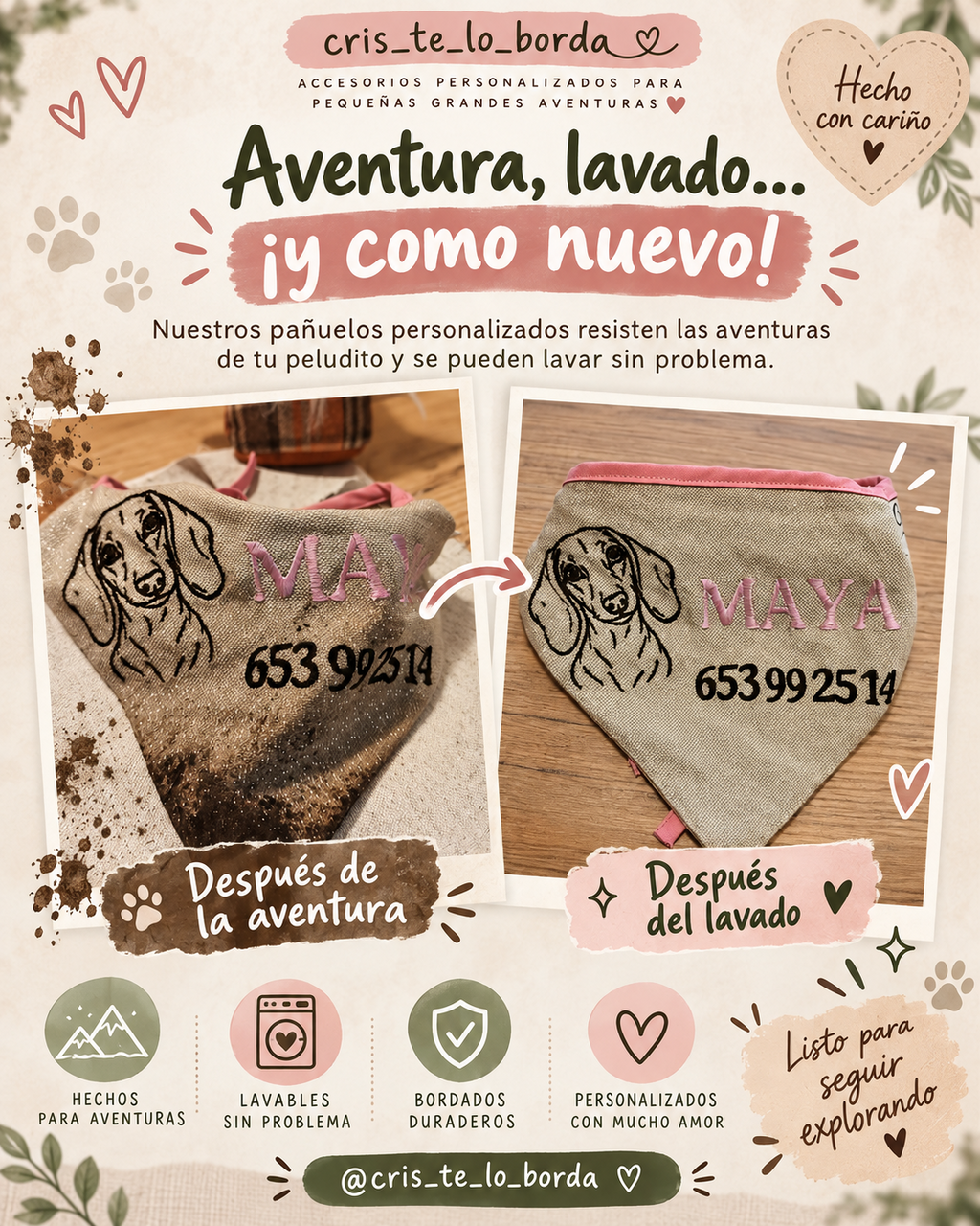 Pañuelo personalizado para mascotas con nombre y teléfono