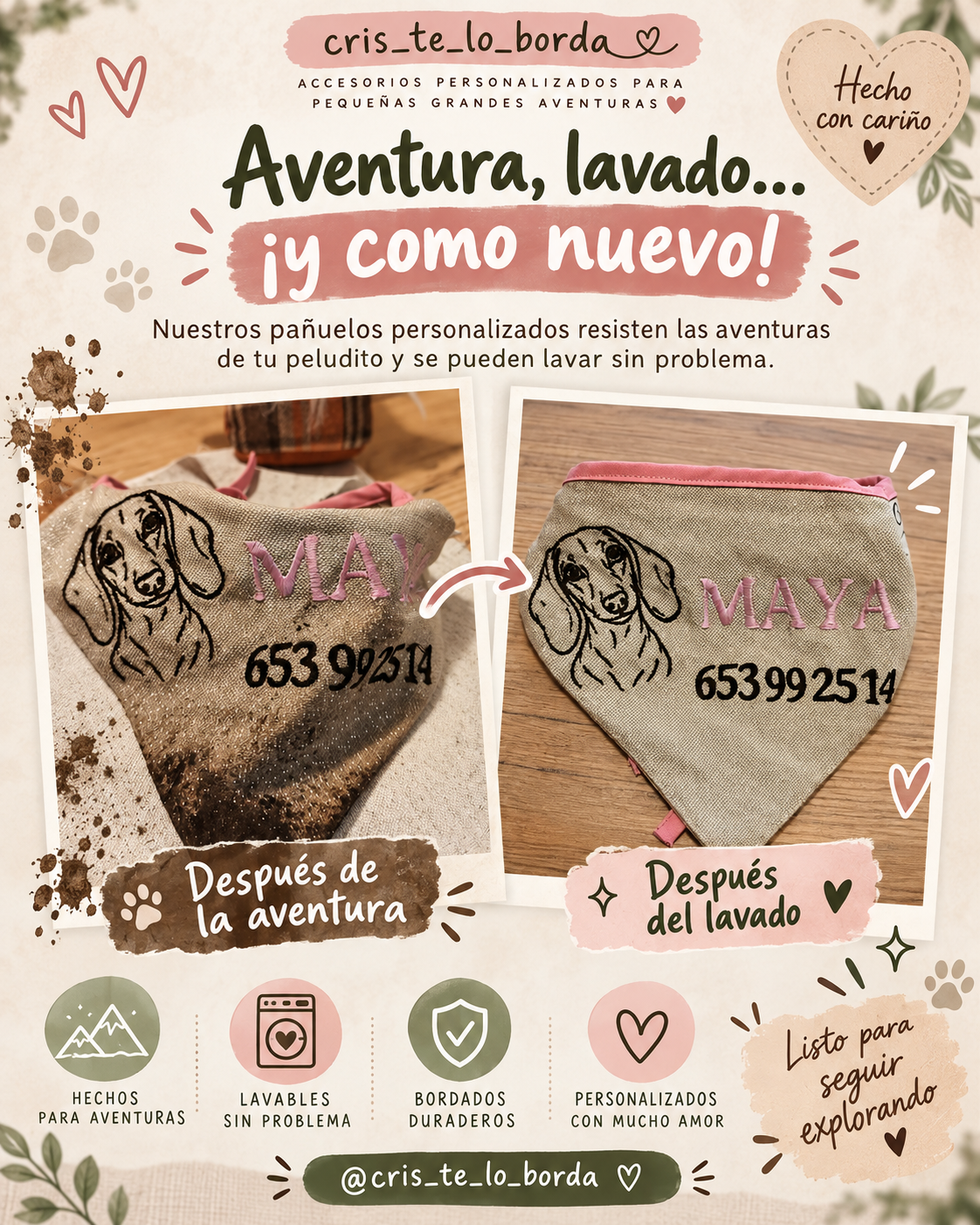 Pañuelo personalizado para mascotas con nombre y teléfono